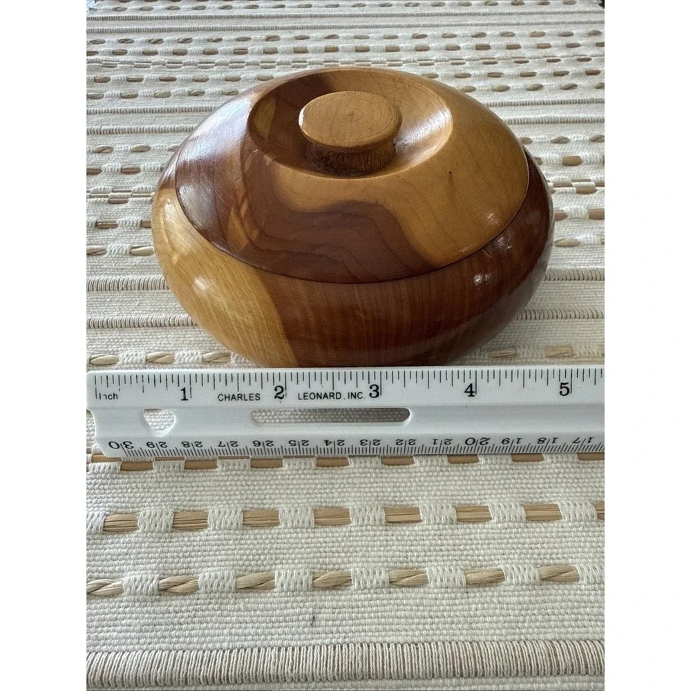 Vintage Hand‎ turned Small Wood Bowl With Lid Trinket Dish MCM